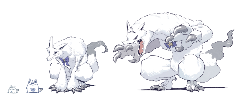 <o>_<o> :3 absurdres ahoge animal_ears blue_bow bow cocomayo29_(tomato) commentary_request evolutionary_line fox_ears fox_tail highres hololive korean_commentary looking_at_viewer miteiru_(shirakami_fubuki) no_humans open_mouth pentagram simple_background tail teeth virtual_youtuber