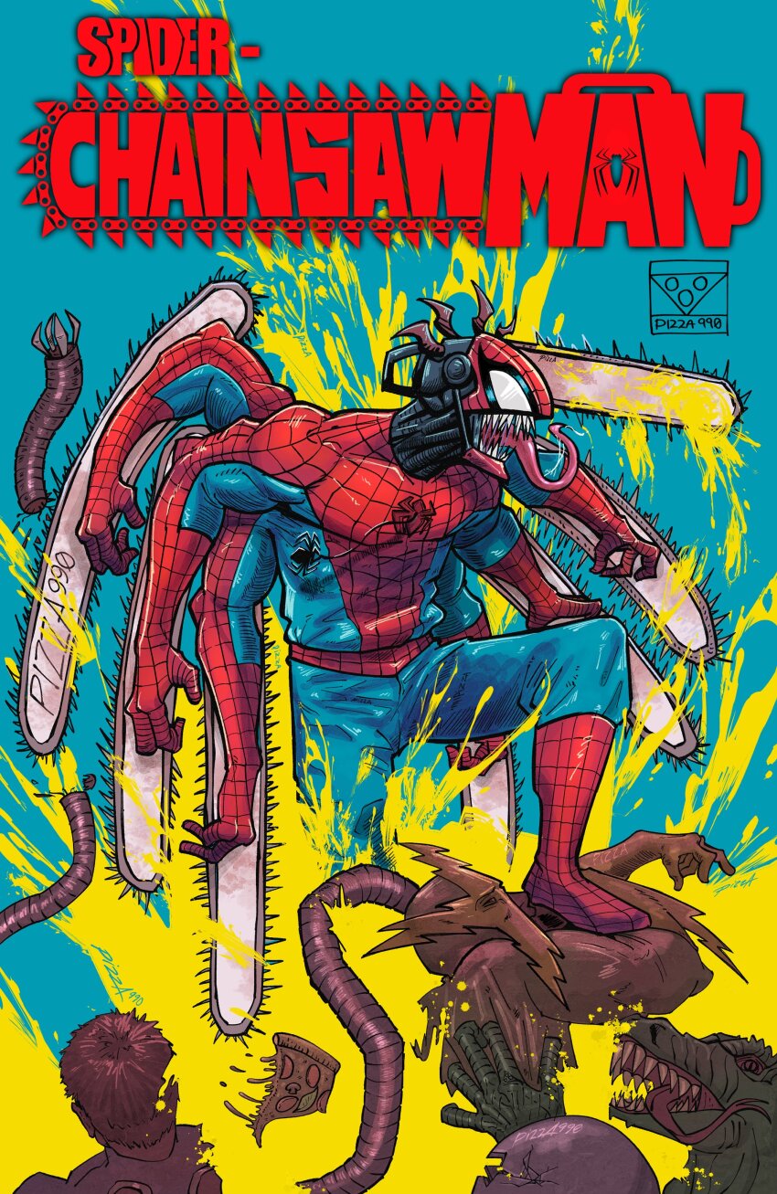 5boys absurdres animal_print arm_blade artist_name blood blood_splatter chainsaw chainsaw_man cosplay denji_(chainsaw_man) denji_(chainsaw_man)_(cosplay) doctor_octopus electro_(spider-man) extra_arms food highres lizard_(marvel) long_tongue marvel mask mechanical_arms mechanical_tentacles multiple_boys mysterio parody pizza pizza990 pizza_slice sharp_teeth spider-man spider-man_(series) spider_print spider_web_print superhero_costume teeth tentacles tongue weapon yellow_blood