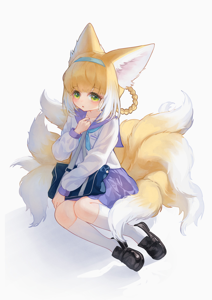 1girl absurdres alternate_costume animal_ears arknights bag blonde_hair chinese_commentary commentary_request fox_ears fox_girl fox_tail green_eyes hairband highres long_sleeves multiple_tails rimu_(pixiv83916925) sailor_collar school_uniform serafuku shirt shoes skirt socks solo suzuran_(arknights) tail white_hair white_shirt white_socks