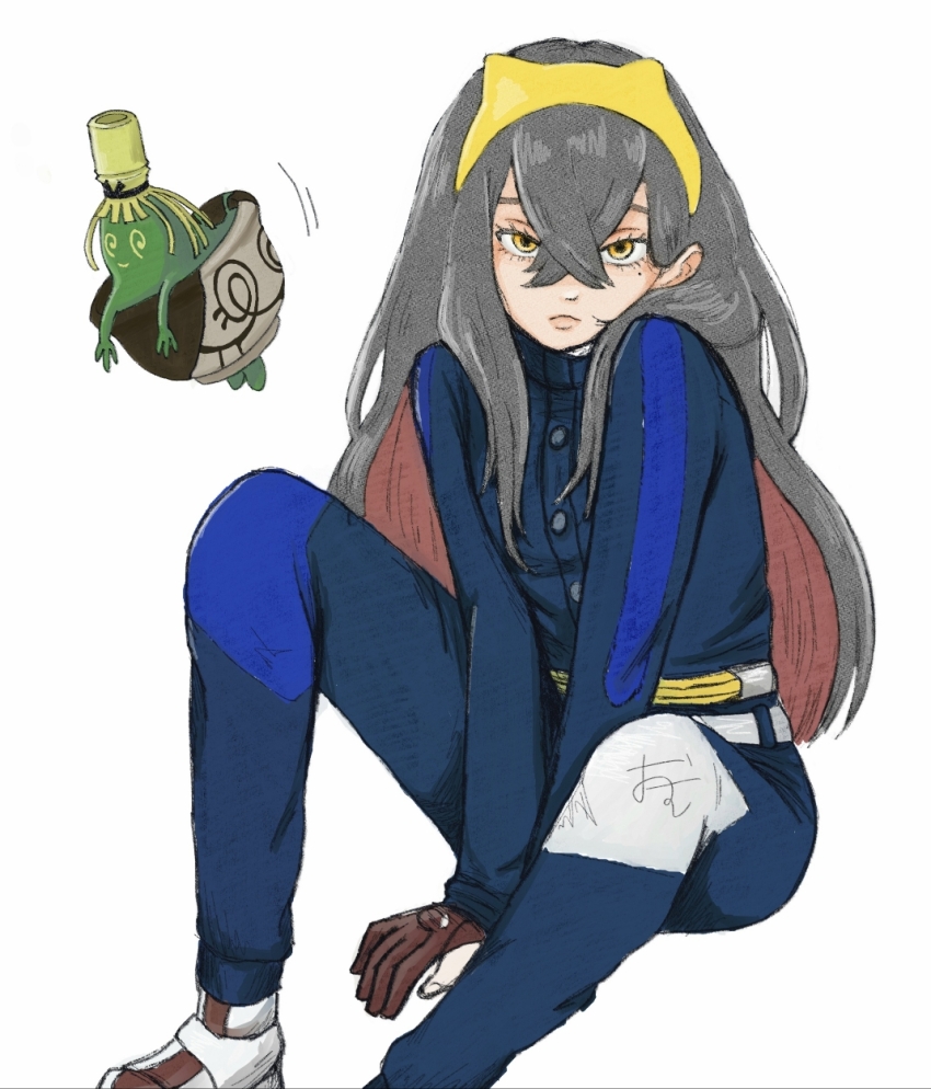 1girl :< arm_support between_legs black_hair blue_gakuran blueberry_academy_school_uniform carmine_(pokemon) closed_mouth colored_inner_hair commentary_request crossed_bangs fanny_pack foot_out_of_frame gloves hair_between_eyes hairband hand_between_legs highres knee_up legs long_hair long_sleeves looking_at_viewer mole mole_under_eye multicolored_hair nintendo osushi_(puriketuosusi) pokemon pokemon_(creature) pokemon_sv red_gloves red_hair school_uniform shoes sinistcha sitting solo solo_focus two-tone_hair v_arms very_long_hair white_background yellow_bag yellow_eyes yellow_hairband