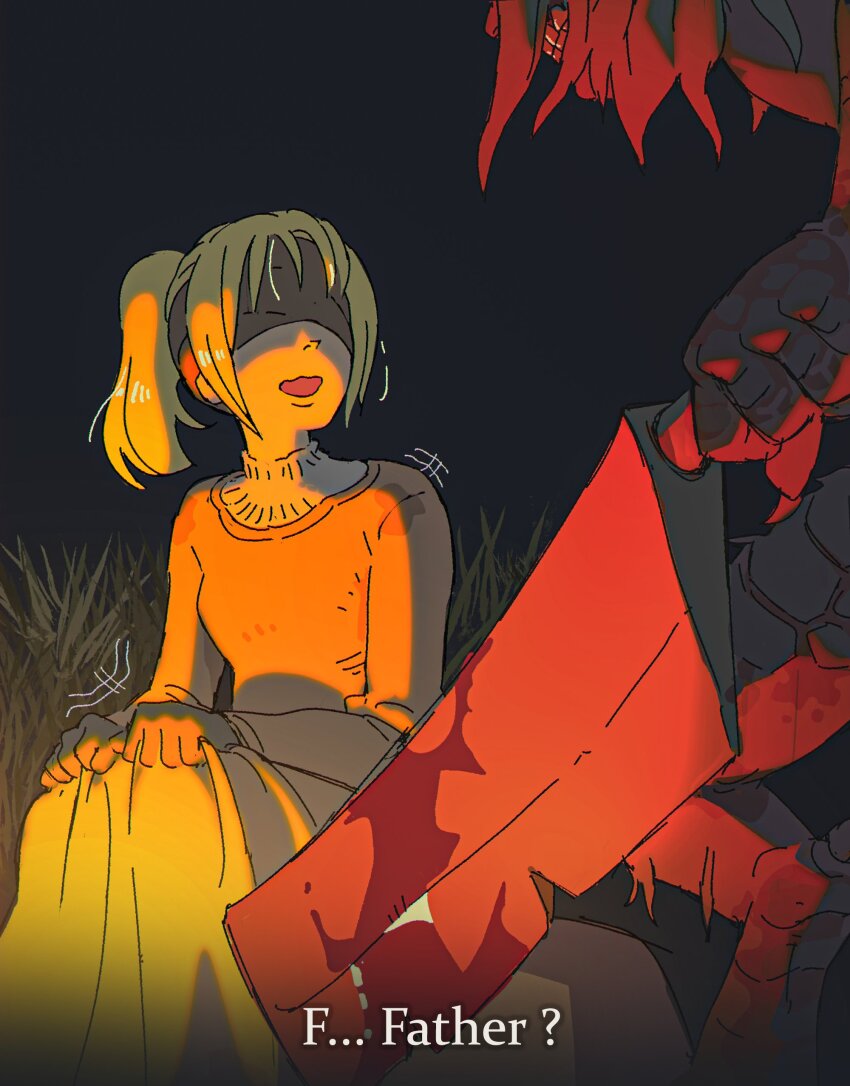 1girl 1other absurdres aisendraw blind blindfold blonde_hair blood bloody_weapon chipped_sword cleaver dress elden_ring english_text grass highres holding holding_cleaver imminent_death irina_of_morne misbegotten_(elden_ring) night open_mouth ponytail subtitled teeth trembling weapon