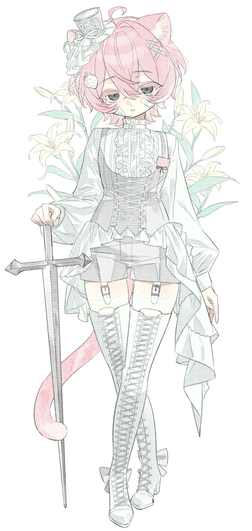 1boy absurdres ahoge androgynous animal_ears artist_request bandaid bandaid_on_face black_eyes boots bow cat_boy cat_ears cat_tail center_frills chinese_commentary colored_eyelashes commentary_request commission contrast corset crossed_legs flower food-themed_hair_ornament footwear_bow frilled_shirt_collar frills full_body gauze gauze_on_cheek grey_corset hair_between_eyes hair_intakes hair_ornament hat high_collar high_heel_boots high_heels highres holding holding_sword holding_weapon lace-up_boots legwear_garter lily_(flower) long_sleeves looking_at_viewer male_focus mini_hat mini_top_hat original ouji_fashion pink_hair ribbon second-party_source shirt short_hair shorts simple_background solo standing strawberry_hair_ornament sword tail thigh_boots thighhighs top_hat watermark watson_cross weapon white_background white_hat white_ribbon white_shirt white_shorts white_theme white_thighhighs x_hair_ornament