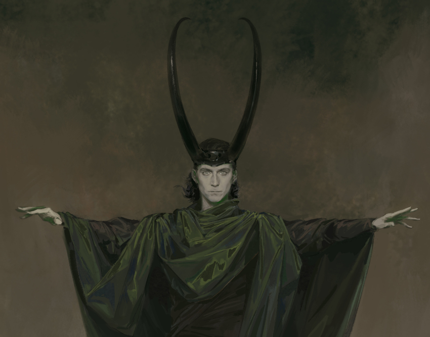 1boy black_hair black_shirt brown_background cape closed_mouth fake_horns green_cape green_eyes hands_up hashtag-only_commentary helmet highres horns loki_(disney+) loki_(marvel) long_sleeves looking_at_viewer male_focus marvel merasgar puffy_long_sleeves puffy_sleeves shirt short_hair simple_background solo upper_body wide_sleeves