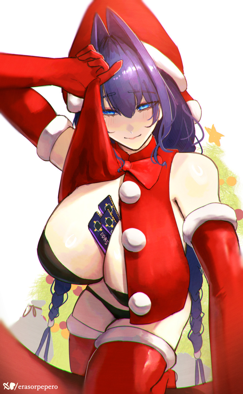 1girl absurdres alternate_costume bikini black_bikini blue_eyes blue_hair blush breast_curtains breasts cleavage closed_mouth dress elbow_gloves erasorpepero fur-trimmed_gloves fur-trimmed_thighhighs fur_trim gloves hat highres hololive hololive_english large_breasts long_hair ouro_kronii ram_(computer) red_dress red_gloves red_hat red_thighhighs santa_hat smile solo swimsuit thighhighs twintails virtual_youtuber