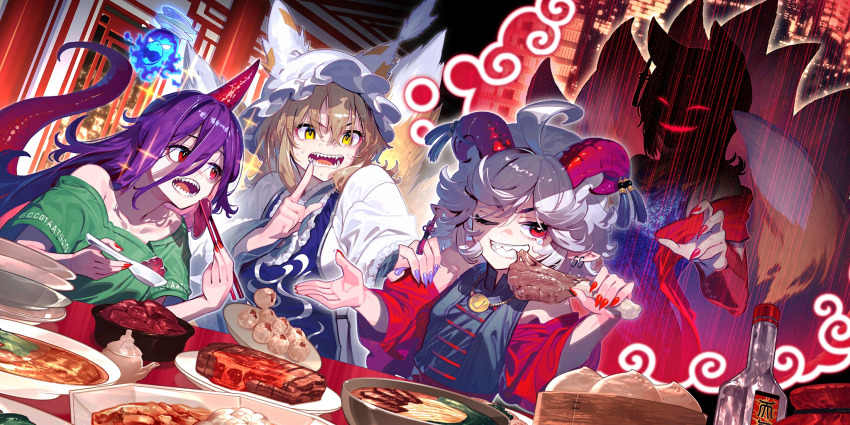 3girls alternate_costume animal_ears animal_hat blonde_hair blue_dress blue_tabard bottle bowl chopsticks detached_sleeves dress earrings eating evil_smile fingernails food food_request fox_ears fox_tail game_cg green_shirt hat highres holding holding_chopsticks hoop_earrings horns jewelry kitsune long_hair meat mob_cap multiple_girls multiple_tails official_art one_eye_closed open_mouth plate pointy_ears purple_hair purple_nails red_eyes red_horns red_nails red_sleeves red_tail sharp_fingernails sharp_teeth shirt single_horn smile sparkle sweat tabard tail teapot teeth tenkajin_chiyari third-party_source touhou touhou_lostword toutetsu_yuuma very_long_tail yakumo_ran yellow_eyes zounose
