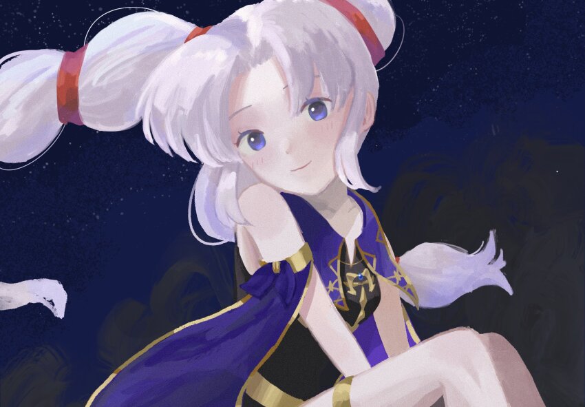 1girl armlet between_legs black_dress blue_gemstone blush cho_yoy collarbone collared_dress curtained_hair dress fire_emblem fire_emblem:_genealogy_of_the_holy_war floating_clothes floating_hair gem gold_armlet gold_trim hand_between_legs head_tilt highres jewelry knees_up looking_at_viewer multi-tied_hair night nintendo outdoors parted_bangs purple_eyes purple_hair raised_eyebrows sitting sky sleeveless sleeveless_dress smile solo star_(sky) tine_(fire_emblem) twintails