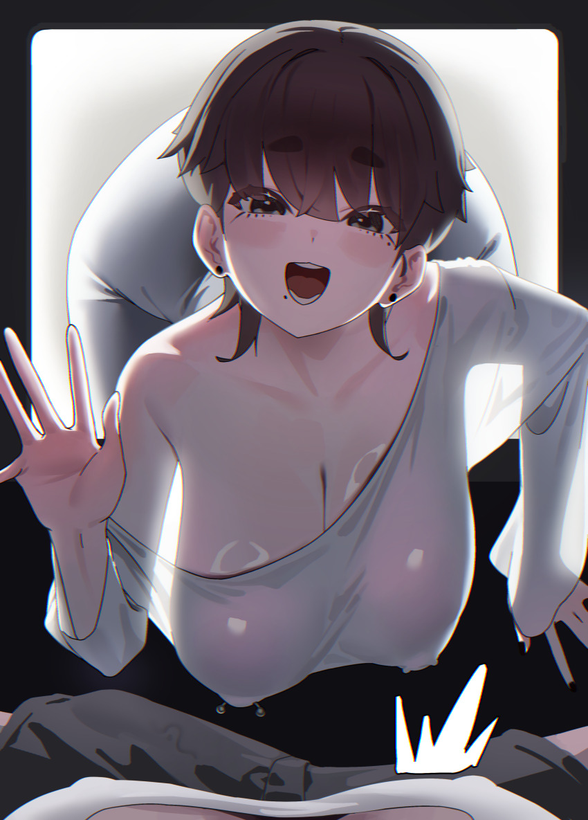 2girls absurdres black_eyes black_hair black_shorts breasts bulge cleavage cosplay dress earrings erection erection_under_clothes futanari futanari_pov highres jewelry large_breasts long_sleeves looking_at_viewer mole mole_under_eye mole_under_mouth multiple_girls nipple_piercing open_mouth original piercing pov shorts single_bare_shoulder single_off_shoulder smile solo_focus stud_earrings tagua the_ring through_medium through_screen white_dress yamamura_sadako yamamura_sadako_(cosplay)