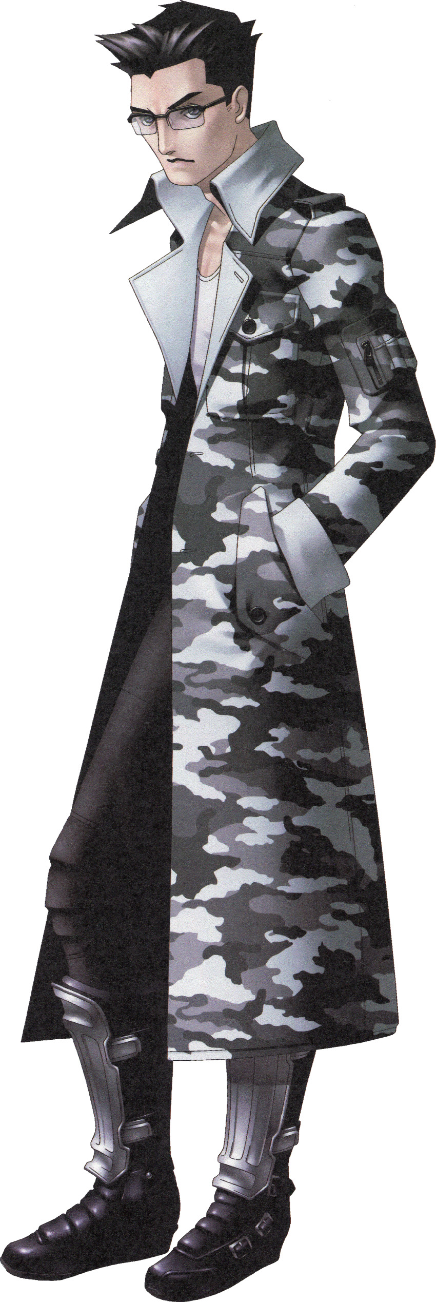 1boy absurdres armor armored_boots black_hair boots coat full_body glasses hands_in_pockets highres jacket kazuma_kaneko looking_at_viewer male_focus official_art photoshop_(medium) shin_megami_tensei shin_megami_tensei_i simple_background solo takeshi_(megami_tensei) third-party_source transparent_background