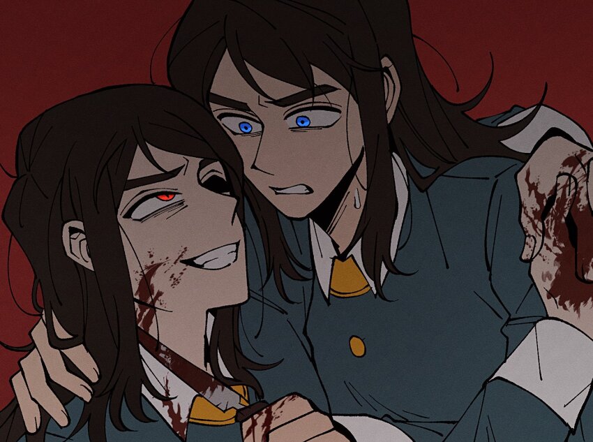 2boys abaddon_(haunted_hotel) arm_around_shoulder arm_support at_knifepoint blood blood_on_face blood_on_hands bloody_knife bloody_weapon blue_coat blue_eyes brown_hair clenched_teeth coat commentary_request evil_grin evil_smile glowing glowing_eyes grin haunted_hotel holding holding_hands holding_knife insidej043 knife korean_commentary long_hair looking_at_another male_focus multiple_boys priest's_son_(haunted_hotel) red_background simple_background slit_pupils smile teeth weapon