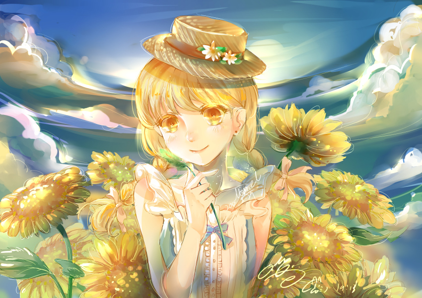 1girl absurdres bare_arms bare_shoulders blonde_hair blue_shirt blue_sky bow braid brown_hat buttons center_frills chinese_commentary closed_mouth cloud colored_eyelashes commentary_request daisy_(flower) dated day earrings flower frilled_shirt frills hair_bow happy hat hat_flower highres holding holding_leaf jewelry kitten_kingdom_(miracle_nikki) leaf light_blush light_particles lipstick long_hair low_twin_braids makeup miracle_nikki muriel_miaoke nikki_(series) outdoors painttool_sai_(medium) pink_bow pink_lips shirt signature sky sleeveless sleeveless_shirt smile solo straw_hat stud_earrings sun sunflower swept_bangs tareme twin_braids upper_body white_flower yellow_eyes yellow_flower