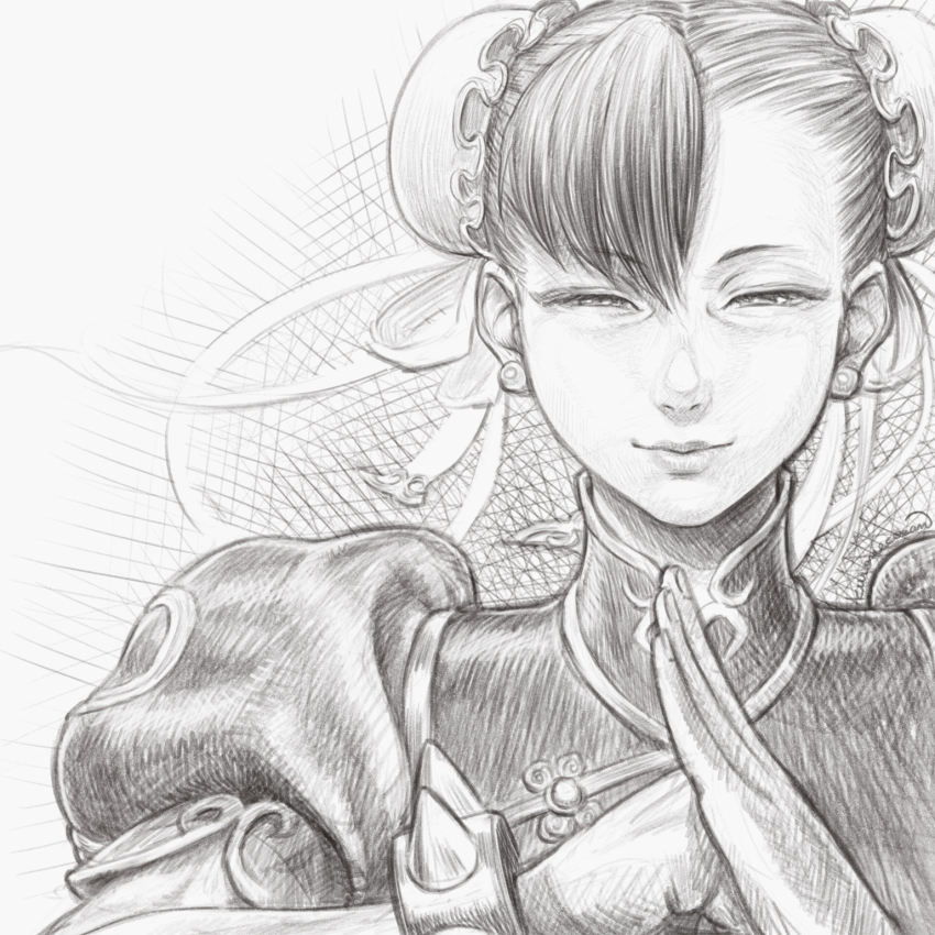 1girl bracelet bun_cover capcom chinese_clothes chun-li commentary_request crosshatching double_bun earrings greyscale hair_bun hatching_(texture) highres jewelry kuroneco monochrome signature solo spiked_bracelet spikes street_fighter