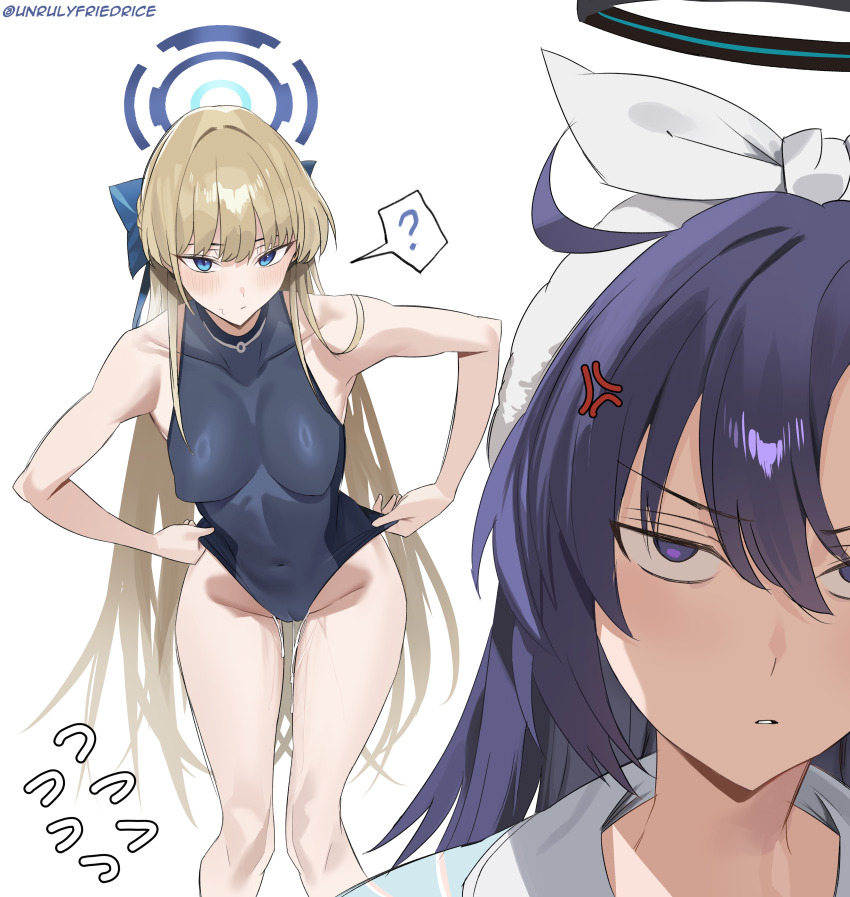 2girls ? absurdres adjusting_clothes adjusting_swimsuit anger_vein angry blonde_hair blue_archive blue_eyes blue_halo blue_one-piece_swimsuit breasts cameltoe covered_navel cum cumdrip halo highres implied_after_sex light_blush long_hair medium_breasts multiple_girls one-piece_swimsuit purple_eyes purple_hair stray_pubic_hair swimsuit thigh_gap thighs toki_(blue_archive) unrulyfriedrice very_long_hair white_background yuuka_(blue_archive)