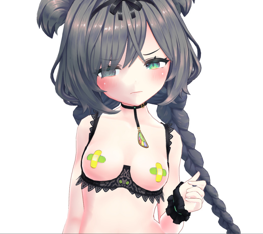 1girl aldina_(vrchat) areola_slip bandaid bandaids_on_nipples bare_shoulders black_bra black_choker black_ribbon blush bra bra_pull braid breastless_clothes breasts breasts_out choker closed_mouth clothes_pull collarbone cupless_bra embarrassed eyes_visible_through_hair frown green_eyes grey_eyes grey_hair hair_bun hair_over_one_eye hair_ribbon hairband hand_up heterochromia lace lace_bra lace_trim lingerie long_hair looking_at_viewer medium_breasts navel nipples original pasties ribbon simple_background solo transparent_background twin_braids twintails two_side_up underwear underwear_only unity_(medium) upper_body very_long_hair vrchat vrchat_(medium) white_background wrist_cuffs wristband yorshkasencho