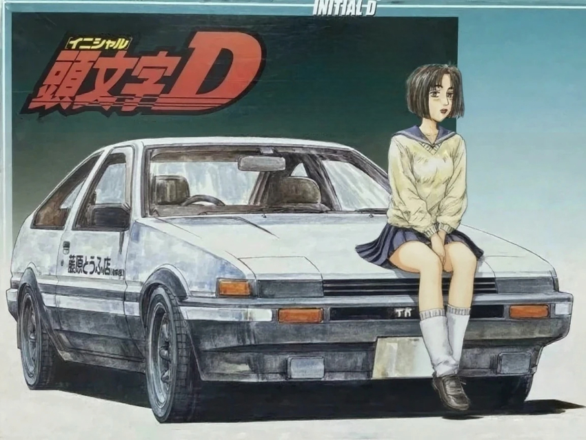 1girl ae86 bikini blunt_bangs bob_cut breasts brown_eyes brown_hair car fujiwara_takumi's_toyota_trueno_ae86 highschool highschool_uniform initial_d long_sleeves mogi_natsuki motor_vehicle official_art race_vehicle racecar school_uniform shigeno_shuuichi short_hair sitting sitting_on_car skirt socks sweater swimsuit thighs third-party_edit toyota toyota_sprinter_trueno