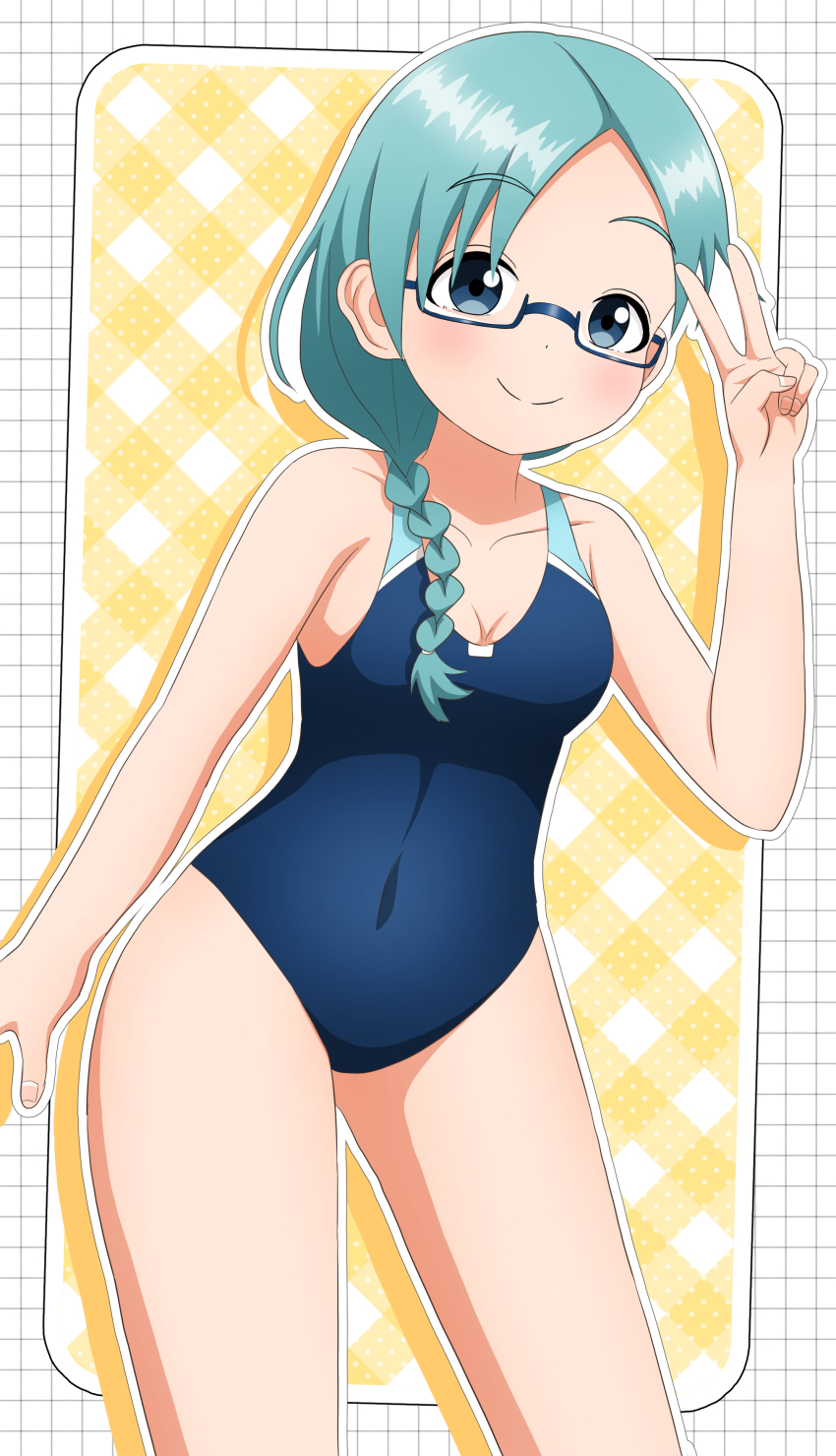1girl absurdres blue_eyes blue_hair braid glasses hashtag-only_commentary highres ishigakiseiya kunoichi_tsubaki_no_mune_no_uchi light_smile mizubashou_(kunoichi_tsubaki_no_mune_no_uchi) simple_background single_braid solo swimsuit victory_pose