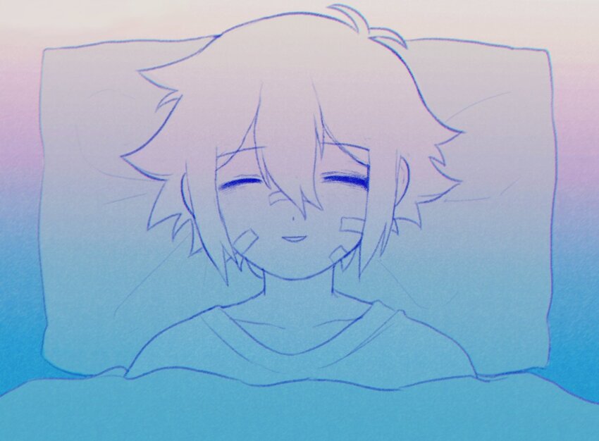 1boy antenna_hair bandaid bandaid_on_cheek bandaid_on_face bandaid_on_nose basil_(faraway)_(omori) basil_(hospital_gown)_(omori) basil_(omori) bruise bruised_eye closed_eyes commentary double-parted_bangs english_commentary hair_between_eyes hashtag-only_commentary head_on_pillow highres hospital_gown injury lying male_focus omo_taru omori on_back parted_lips pillow short_hair sidelocks smile solo spoilers