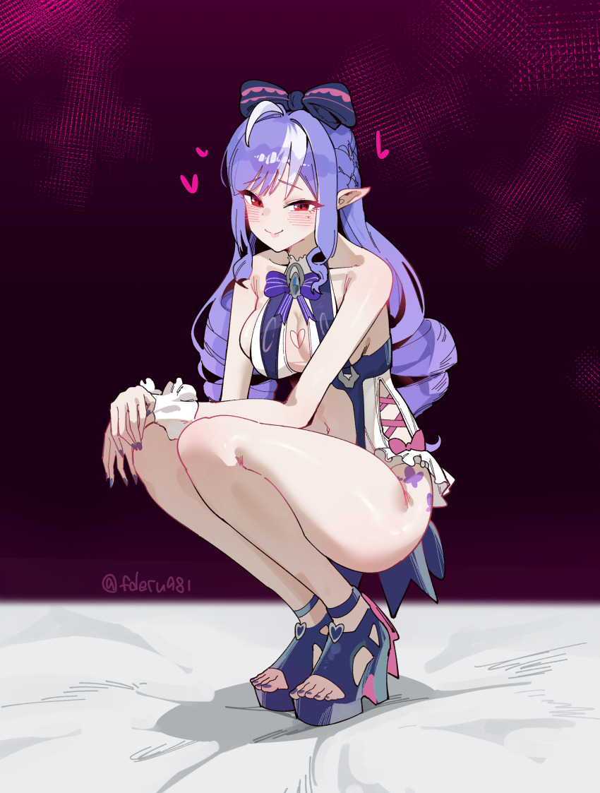 1girl absurdres animal_print arm_on_knee ass black_background blue_gem blue_nails blue_shoes blush bow bowtie breasts butterfly_print closed_mouth clothing_cutout commentary_request drill_hair fderu981 frilled_one-piece_swimsuit frilled_wrist_cuffs frills gem hair_bow half-closed_eyes heart heart_cutout high_heels highres large_breasts long_hair looking_at_viewer mole mole_under_eye nail_polish navel official_alternate_costume on_bed one-piece_swimsuit open-toe_shoes pointy_ears purple_bow purple_bowtie purple_hair red_background red_eyes see-through_clothes shoes sideboob_cutout sidelocks smile solo squatting stomach_cutout swimsuit thighs toenail_polish toenails toes twitter_username two-tone_background two-tone_one-piece_swimsuit vivian_banshee vivian_banshee_(iris_of_the_shore) white_one-piece_swimsuit wrist_cuffs zenless_zone_zero