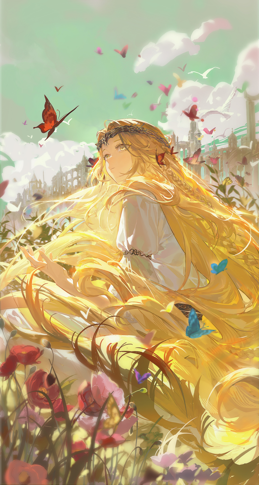 1boy absurdres blonde_hair bug bujianlansheng butterfly circlet closed_mouth cloud commentary_request elden_ring elden_ring:_shadow_of_the_erdtree flower gold_circlet green_sky highres insect long_hair male_focus miquella_(elden_ring) outdoors pink_flower red_flower sky solo very_long_hair yellow_eyes