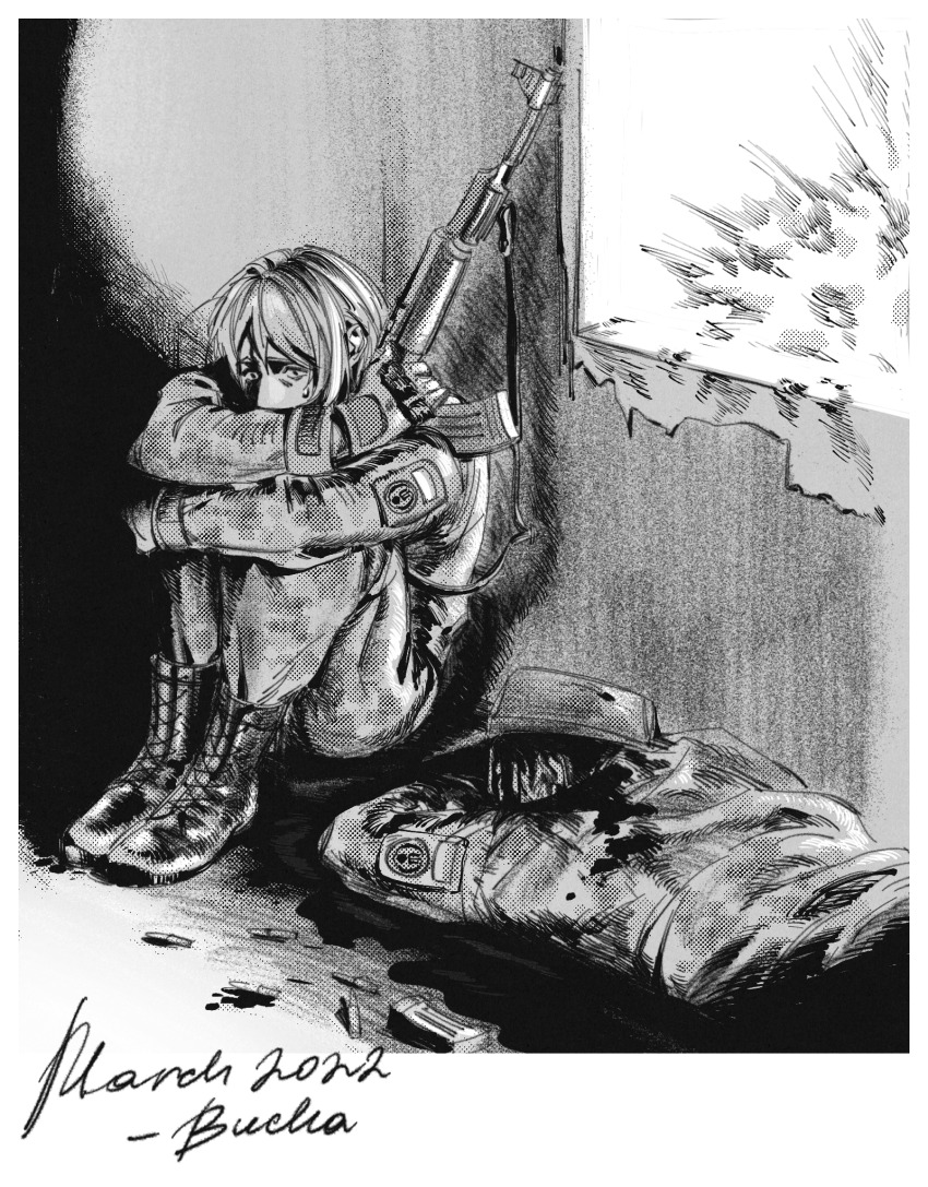 1boy 1other ak-47 assault_rifle battle_of_bucha blood boots camouflage camouflage_jacket camouflage_pants commentary commission commissioner_upload corpse death english_commentary explosion full_body greyscale gun hat hiding highres holding holding_weapon hugging_object hugging_own_legs international_legion_of_ukraine jacket kalashnikov_rifle kenneth_del_duca lace-up_boots long_hair long_sleeves lying male_focus monochrome nervous_sweating non-web_source on_stomach original pants peaked_cap polaroid_photo pool_of_blood postal_(game) rifle russo-ukrainian_war scared sitting soldier sweat sweetrinaxd weapon wide-eyed window writing