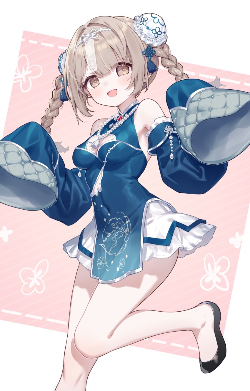 1girl absurdres bare_legs bare_shoulders bead_necklace beads black_shoes blue_dress braid breasts brown_eyes brown_hair bun_cover china_dress chinese_clothes cleavage cleavage_cutout clothing_cutout commentary commission covered_navel detached_sleeves double_bun dress flats hair_bun heart_cutout highres hiraga_matsuri jewelry leg_up long_hair looking_at_viewer medium_breasts necklace open_mouth original pelvic_curtain shoes short_dress skeb_commission sleeves_past_fingers sleeves_past_wrists smile solo tassel thighs twin_braids twintails wide_sleeves
