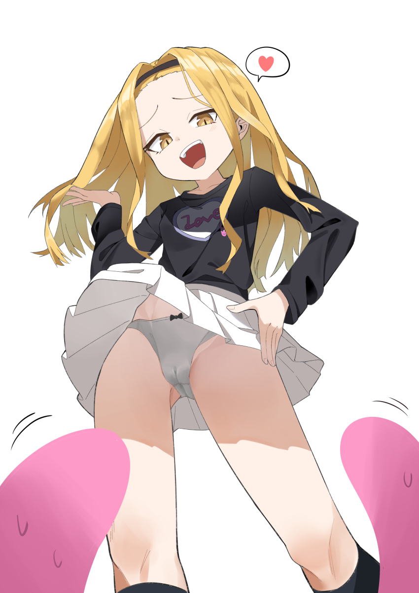 1girl absurdres black_hairband black_shirt black_socks blonde_hair cameltoe clothes_lift contrapposto from_below hair_flip hairband hand_on_own_hip heart highres kirarazaka_marina kneehighs loli long_hair long_sleeves looking_at_viewer miniskirt mong91 nervous_sweating open_mouth panties pleated_skirt pov print_shirt shirt simple_background skirt skirt_lift smile smug socks spoken_heart sweat takopii takopii_no_genzai underwear upskirt white_background white_panties white_skirt wind wind_lift yellow_eyes
