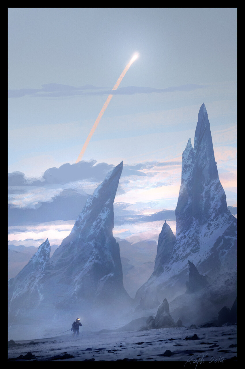 1other cloud cloudy_sky coat cold commentary english_commentary highres landscape mountain original outdoors raphael-lacoste rock scenery shooting_star signature sky snow sunset winter_clothes winter_coat