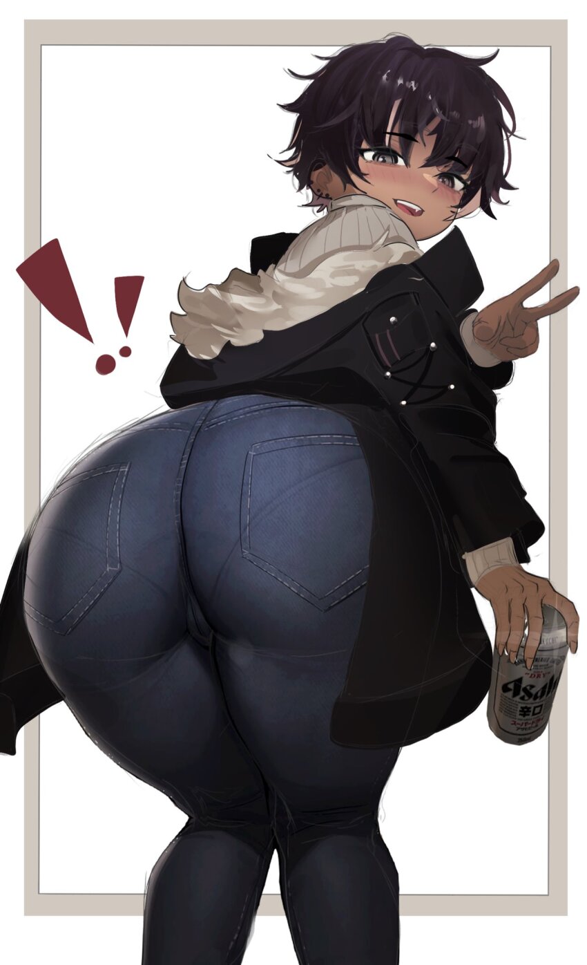 1girl ass black_hair black_jacket blue_pants blush bon_(vtuber) brown_eyes commentary cup disposable_cup english_commentary fur-trimmed_jacket fur_trim highres holding holding_cup indie_virtual_youtuber jacket kuwae_g looking_at_viewer open_mouth pants solo sweater teeth upper_teeth_only v virtual_youtuber white_sweater