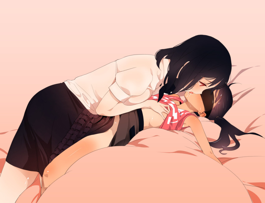 2girls age_difference black_hair blindfold blouse blush breasts brown_hair clothes_lift flat_chest french_kiss grabbing_another's_breast groping haru_nagoya incest kiss loli long_hair lying medium_breasts multiple_girls no_panties on_back onee-loli original saliva shirt shirt_lift siblings sisters skirt skirt_lift tan tank_top tanline twintails yuri