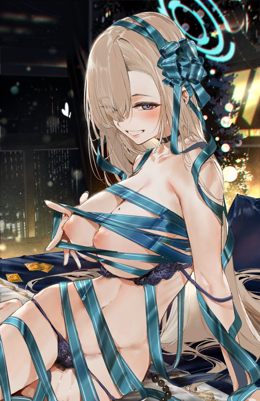 1girl asuna_(blue_archive) black_choker blue_archive blue_halo bound bra bra_pull breasts choker christmas christmas_tree clothes_pull commentary_request condom condom_wrapper gift_wrapping hair_over_one_eye halo highres kurotsuki_machi large_breasts long_hair looking_at_viewer naked_ribbon night nipples panties pussy_juice red_ribbon ribbon smile solo strap_slip string_panties underwear underwear_only wrapped_up
