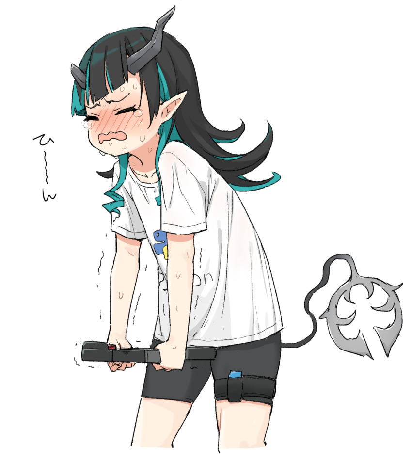 1girl nanashi_inc. alternate_costume black_hair black_shorts blue_hair blush closed_eyes commentary_request cowboy_shot demon_girl demon_horns demon_tail flat_chest highres horns long_hair migchip multicolored_hair open_mouth pointy_ears python_(programming_language) ring-con ring_fit_adventure shirt shishio_chris shorts simple_background solo sugar_lyric t-shirt tail trembling two-tone_hair virtual_youtuber white_background white_shirt