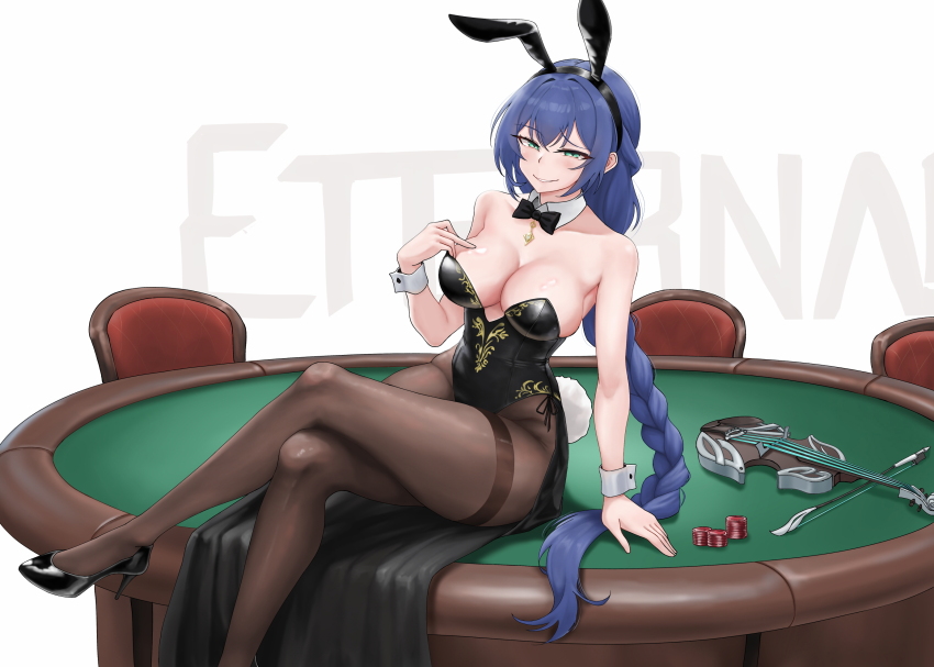 1girl animal_ear_hairband animal_ears black_bow black_bowtie black_leotard black_shoes black_survival blue_hair bow bowtie braid breasts cleavage commentary_request detached_collar eternal_return:_black_survival fake_animal_ears hairband handgebrauch high_heels highres korean_commentary large_breasts lenore_(black_survival) leotard pantyhose playboy_bunny poker_chip poker_table rabbit_ears rabbit_tail shoes single_braid sitting sitting_on_table solo strapless strapless_leotard table tail thighband_pantyhose wrist_cuffs yellow_eyes