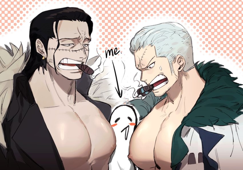 2boys artist_self-insert bara beard black_hair brown_eyes cigar coat crocodile_(one_piece) earrings facial_hair fur_coat goatee hair_slicked_back highres jacket jewelry large_pectorals long_sideburns looking_at_another male_focus mature_male multiple_boys muscular muscular_male one_piece open_clothes open_jacket pectorals sandwiched scar scar_on_face short_hair sideburns smoker_(one_piece) smoking stubble sweatdrop white_hair ynnn_m