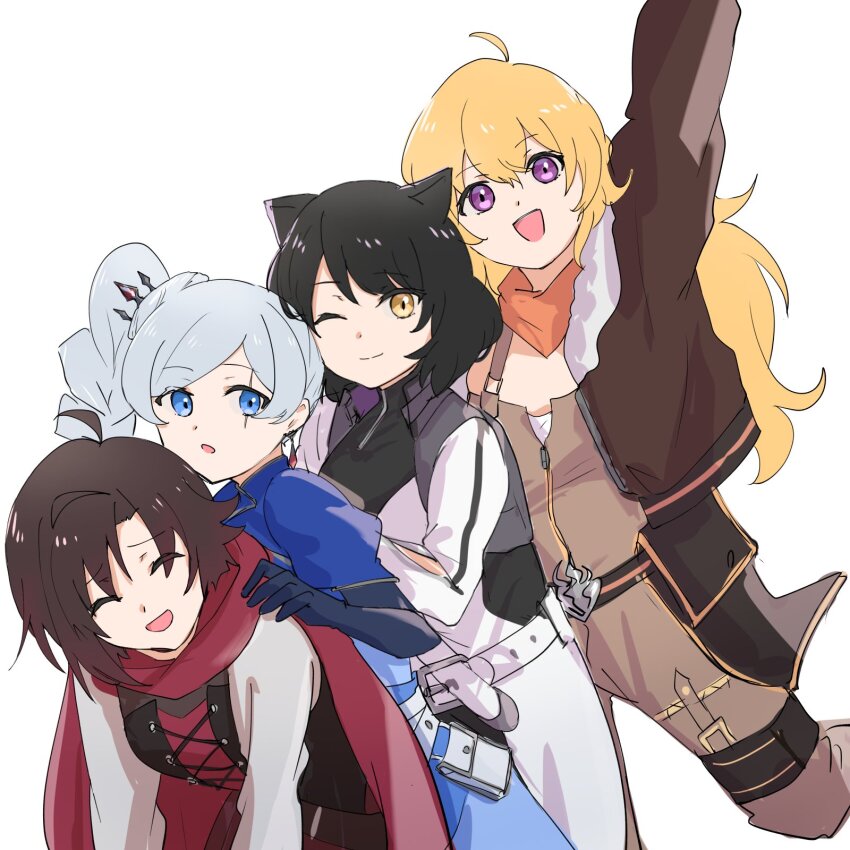4girls :d :o ;) ^_^ ahoge animal_ears black_dress black_hair blake_belladonna blonde_hair blue_dress blue_eyes blue_jacket brown_hair brown_jacket brown_pants brown_shirt cape cat_ears closed_eyes closed_mouth cropped_jacket cross-laced_clothes cross-laced_dress dress grey_hair grey_vest highres jacket long_hair long_sleeves looking_at_viewer multiple_girls muneta_(ntani_2) nervous_smile one_eye_closed open_clothes open_mouth open_vest orange_scarf pants purple_eyes red_cape ruby_rose rwby scar scar_across_eye scar_on_face scarf shirt side_ponytail simple_background smile split_mouth vest wavy_hair weiss_schnee white_background yang_xiao_long yellow_eyes