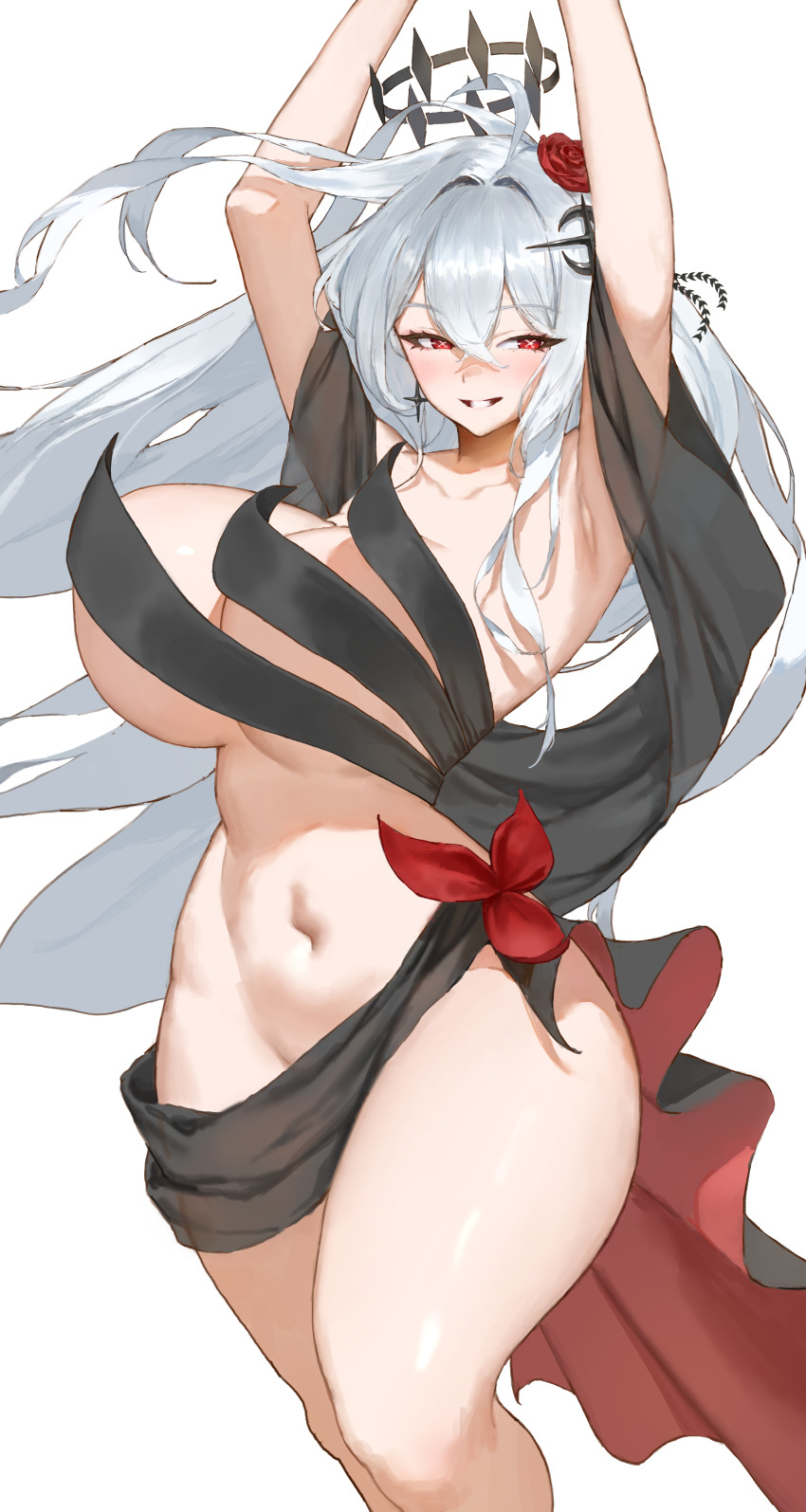 1girl absurdres ahoge armpits arms_up artist_request bare_shoulders black_dress blush breasts cleavage collarbone commentary_request commission crossed_bangs crown dress earrings floating_crown floating_hair flower hair_between_eyes hair_flower hair_intakes hair_ornament highres huge_breasts jewelry korean_commentary long_hair looking_at_viewer navel no_panties original parted_lips red_eyes red_flower red_rose revealing_clothes rose second-party_source see-through_clothes sidelocks simple_background smile solo standing star_(symbol) star_earrings stomach symbol-shaped_pupils thighs two-sided_dress two-sided_fabric underboob very_long_hair white_background white_hair x-shaped_pupils