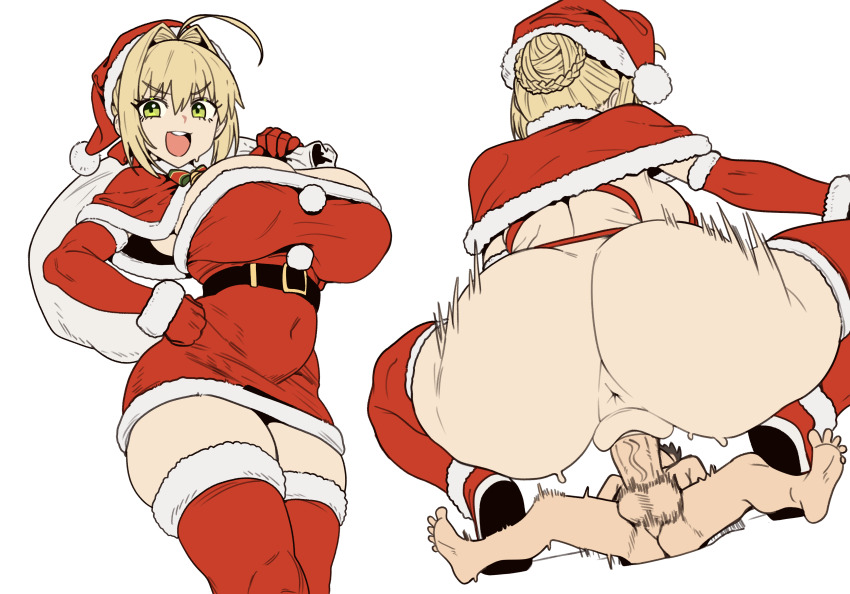 1boy 1girl absurdres ahoge anus ass back belt blonde_hair braid breasts capelet cleavage clothed_female_nude_male clothed_sex cowgirl_position dress ebora elbow_gloves fate/grand_order fate_(series) fur-trimmed_capelet fur-trimmed_dress fur-trimmed_gloves fur-trimmed_headwear fur_trim girl_on_top gloves green_eyes hair_bun hair_intakes hair_ribbon hat hetero highres holding holding_sack large_breasts long_hair looking_at_viewer multiple_views nero_claudius_(fate) nude open_mouth penis pussy red_capelet red_dress red_gloves red_hat red_thighhighs ribbon sack santa_costume santa_dress santa_hat sex short_dress shota smile spread_legs straddling testicles thighhighs thighs uncensored vaginal