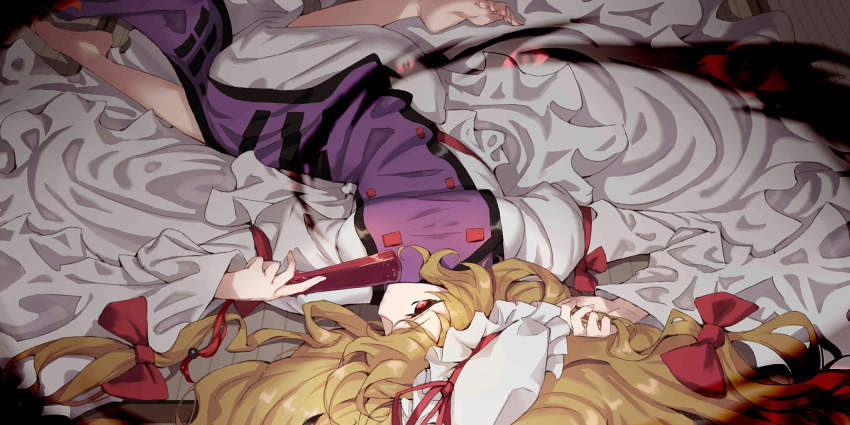 1girl barefoot blonde_hair bow breasts commentary dress english_commentary folded_fan folding_fan game_cg gap_(touhou) hair_bow hand_fan hat hat_ribbon highres holding holding_fan jonsun long_hair long_sleeves looking_at_viewer lying mob_cap official_art on_back orange_eyes purple_tabard red_bow red_ribbon ribbon solo tabard third-party_source toes touhou touhou_lostword upside-down very_long_hair white_dress white_hat wide_sleeves yakumo_yukari