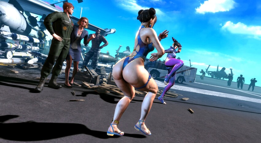 3d 3girls absurdres alternate_costume ass back bare_legs bare_shoulders blue_one-piece_swimsuit bodysuit bracelet brown_hair capcom chun-li curvy double_bun female_focus fighting fighting_stance game_screenshot hair_bun han_juri highleg highleg_one-piece_swimsuit highres huge_ass jewelry looking_at_another multiple_girls official_alternate_costume one-piece_swimsuit outdoors parted_lips ryona shiny_skin skindentation sky standing street_fighter street_fighter_6 stretching swimsuit thighlet third-party_edit thong_one-piece_swimsuit video_game_screencap wide_hips