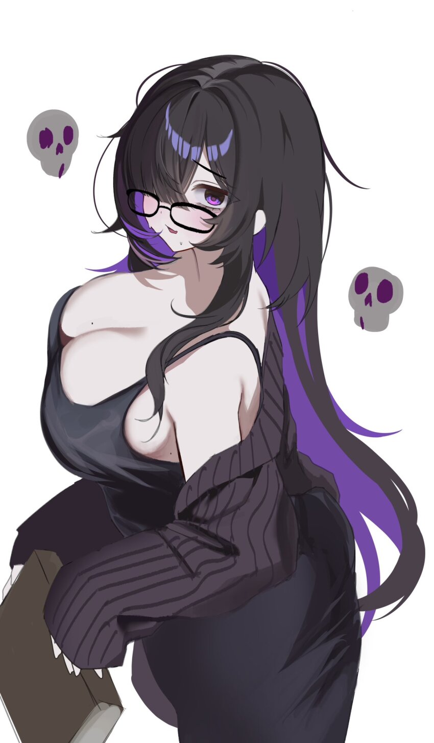 1girl black-framed_eyewear black_cardigan book breasts cardigan cardigan_partially_removed colored_inner_hair commentary_request dress floating_skull glasses goddess_of_victory:_nikke hand_on_book highres kyoi_(kyo1koo2) label_(nikke) mole mole_on_breast multicolored_hair purple_streaks simple_background taut_clothes taut_dress white_background