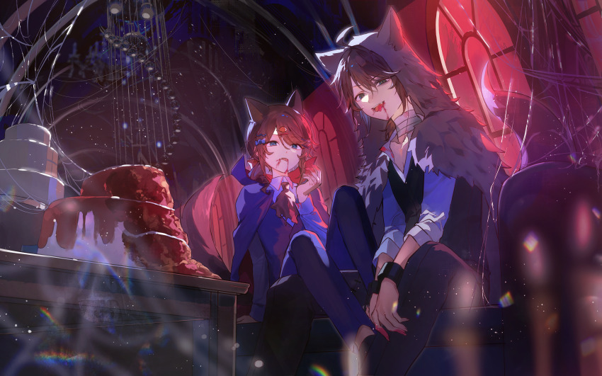 2boys absurdres ahoge animal_ears architecture ascot bandaged_neck bandages black_cape black_pants blood blood_on_face blood_on_hands blue_cape blue_eyes blue_pants bow braid brown_hair cake cape cloak collared_shirt commentary cuffs edgar_valden fangs food fur_trim gothic_architecture green_eyes hair_between_eyes hair_bow hair_ornament hairclip halloween_costume handcuffs highres holding hood hood_up identity_v long_hair long_sleeves looking_at_viewer luca_balsa male_focus multiple_boys pants pba_471 shirt silk sitting sitting_on_person spider_web symbol-only_commentary table tail tongue tongue_out upper_body vest white_shirt window wolf_boy wolf_ears wolf_tail