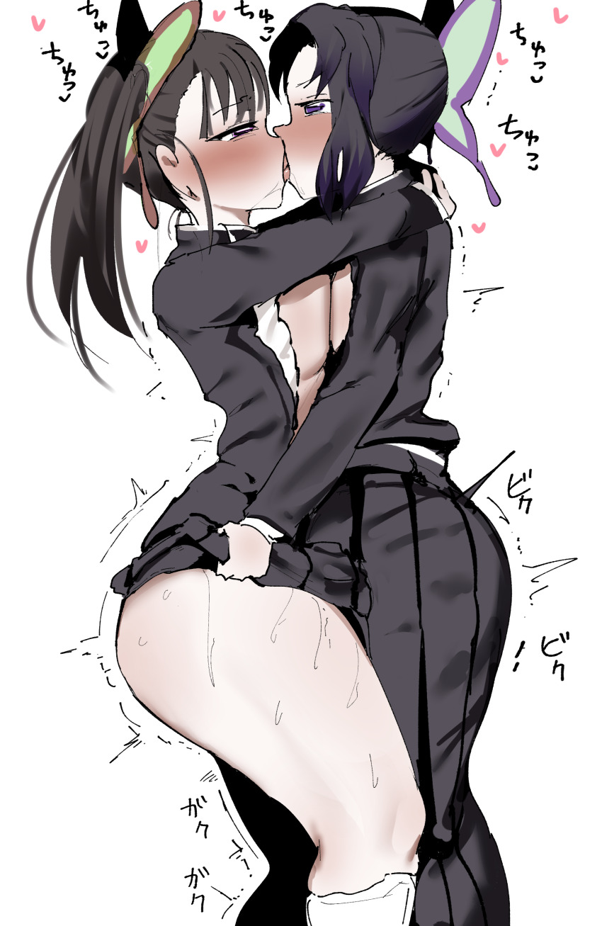 2girls black_hair blush breast_press breasts breasts_out clothed_sex dopajiru female_focus french_kiss frottage gradient_hair heart japanese_text kimetsu_no_yaiba kiss kochou_shinobu long_hair medium_breasts multicolored_hair multiple_girls open_mouth pink_eyes purple_eyes rubbing simple_background speech_bubble sweat tongue tongue_out tsuyuri_kanao white_background yuri