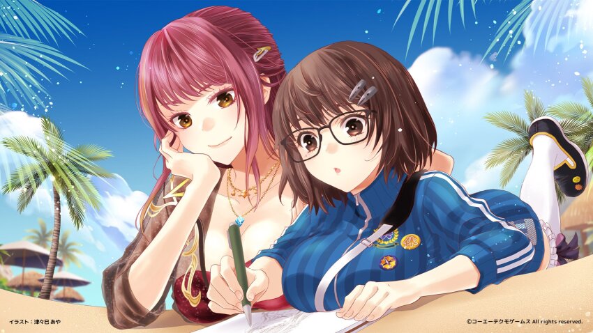 2girls azusa_(doa) beach blue_jacket blue_sky brown_eyes brown_hair commentary_request copyright_name copyright_notice dead_or_alive dead_or_alive_xtreme dead_or_alive_xtreme_venus_vacation drawing_(action) hair_ornament hairclip highres jacket jewelry lying multiple_girls necklace official_art on_stomach orange_eyes palm_tree red_hair sand second-party_source sketchbook sky tree tsukushi_(doa) tsutsumi_aya