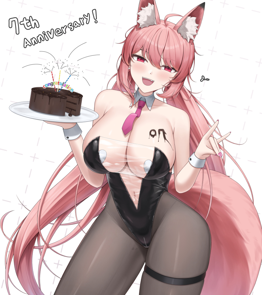 :d animal_ears bare_shoulders black_leotard blush breasts cake cleavage collarbone curvy detached_collar food fox_ears fox_tail hair_between_eyes heart_pasties highres holding holding_plate large_breasts last_origin lazb. leotard long_hair navel necktie open_mouth pasties pink_hair pink_necktie plate red_eyes sidelocks simple_background smile tail teeth upper_teeth_only very_long_hair white_background wrist_cuffs
