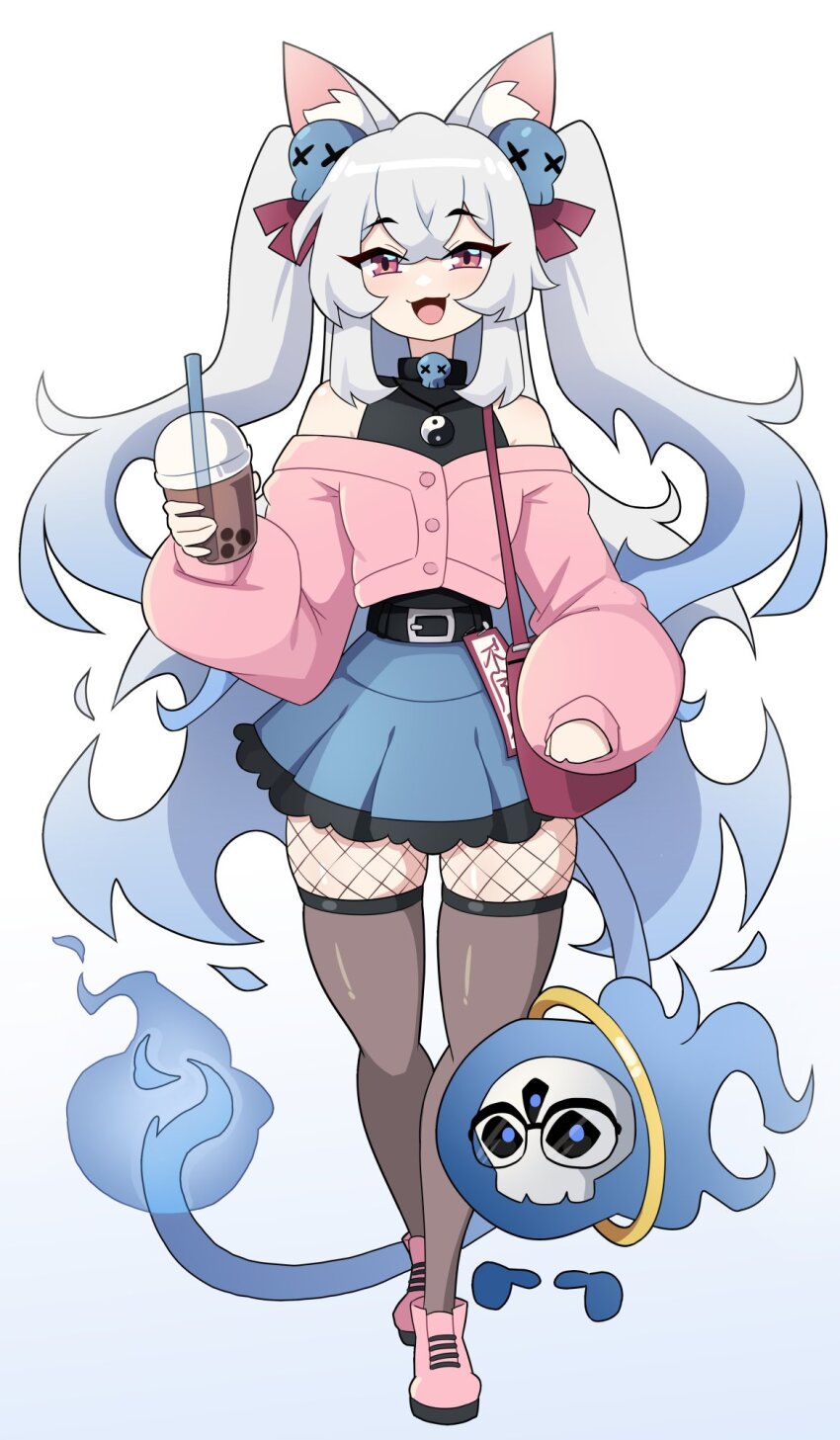 :3 animal_ears belt black_belt black_collar blue_background blue_skirt boots bubble_tea buttons cat_ears collar commission cup daigada fiery_tail fire fishnet_pantyhose fishnets flame-tipped_tail frilled_skirt frills full_body gender_request gradient_background hair_ornament highres holding holding_cup jacket jewelry long_hair long_sleeves looking_at_viewer mascot necklace off-shoulder_jacket off_shoulder open_mouth original pantyhose pink_bag pink_boots pink_eyes pink_jacket pleated_skirt puffy_long_sleeves puffy_sleeves sidelocks skirt skull_collar skull_hair_ornament tail twintails white_background white_hair white_wings wings yin_yang