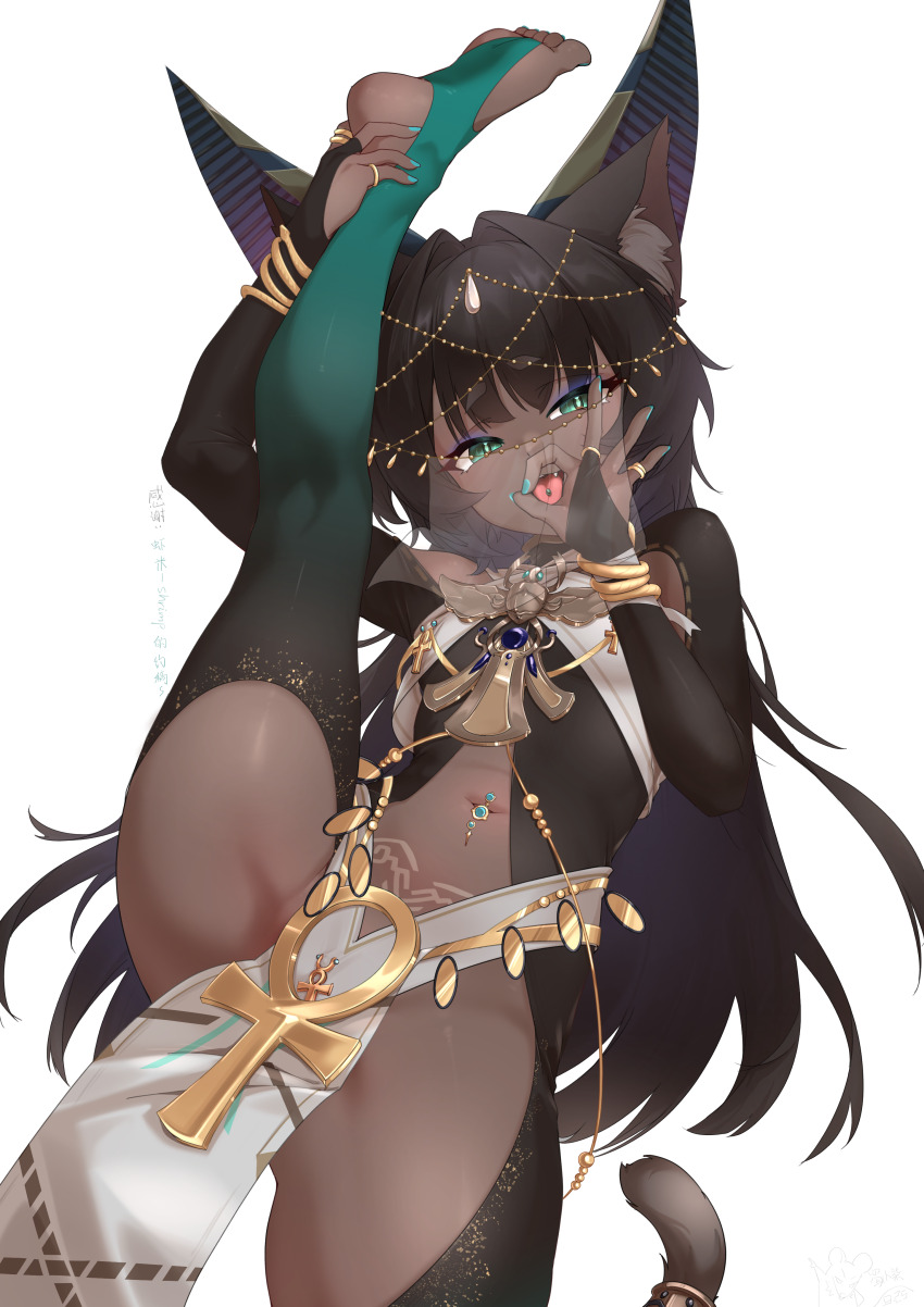 1girl absurdres ancient_egyptian_clothes animal_ears ankh armpits bodystocking breasts brown_egyptian_cat-eared_loli_(trend) brown_hair cat_ears cat_girl cat_tail dancer dark-skinned_female dark_skin eyebrows_hidden_by_hair fellatio_gesture flexible green_eyes highres hinanawi_mika jewelry loli long_hair looking_at_viewer nail_polish navel_piercing necklace open_mouth original piercing see-through_clothes see-through_veil simple_background slit_pupils small_breasts smile soles solo split standing standing_on_one_leg standing_split tail toes tongue tongue_out veil very_long_hair white_background