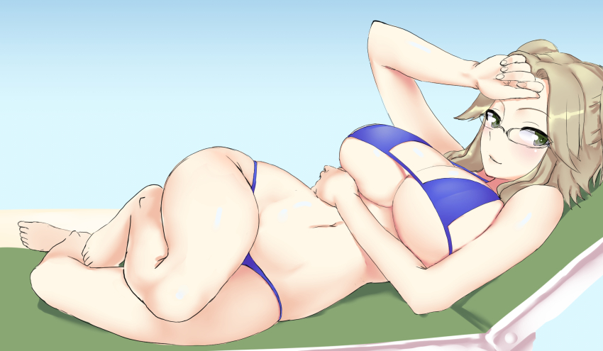 bikini blue_bikini blush breasts brown_hair cleavage commentary_request glasses green_eyes hand_on_own_forehead hand_on_own_stomach highres imu_(senran_kagura) jeaike_art large_breasts lying navel on_side parted_bangs senran_kagura senran_kagura_shinovi_versus smile swimsuit twintails underboob
