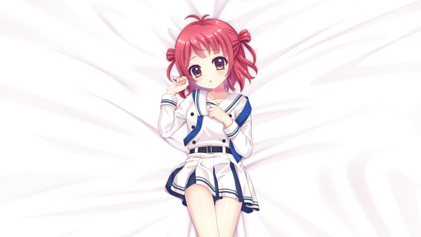 1girl :o antenna_hair belt black_belt blue_ribbon blush breasts brown_eyes buttons collarbone cowboy_shot crossed_legs dot_nose double-breasted dress film_grain from_above game_cg hair_rings hand_on_own_chest hand_up izumi_tsubasu long_sleeves looking_at_viewer lying non-web_source official_art on_back open_mouth re:stage! red_hair ribbon sailor_collar school_uniform short_hair small_breasts solo sorano_neon white_dress white_sailor_collar
