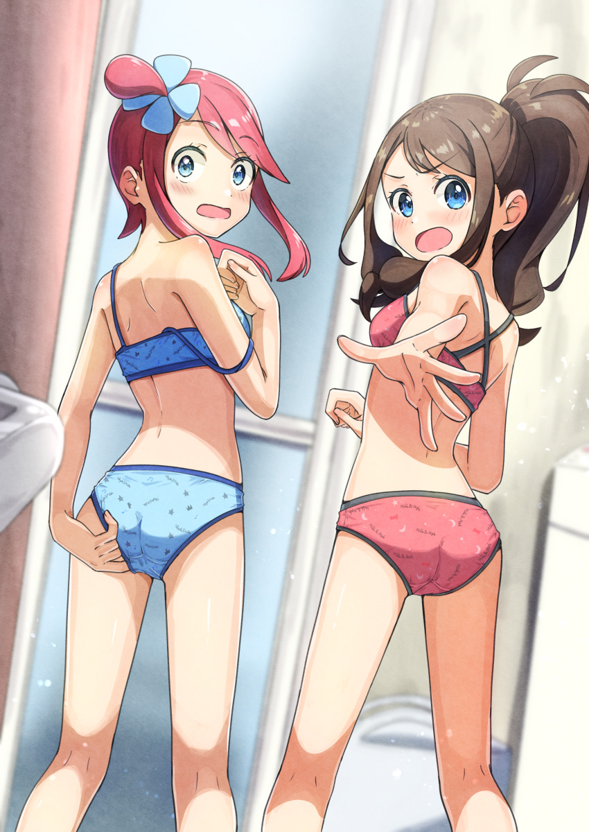 2girls absurdres accidental_pervert ass blue_bra blue_eyes blue_panties blush bra breasts brown_hair embarrassed from_behind highres hilda_(pokemon) multiple_girls negimiso1989 nintendo one_side_up open_mouth panties pokemon pokemon_bw2 ponytail red_bra red_hair red_panties skyla_(pokemon) small_breasts surprised underwear