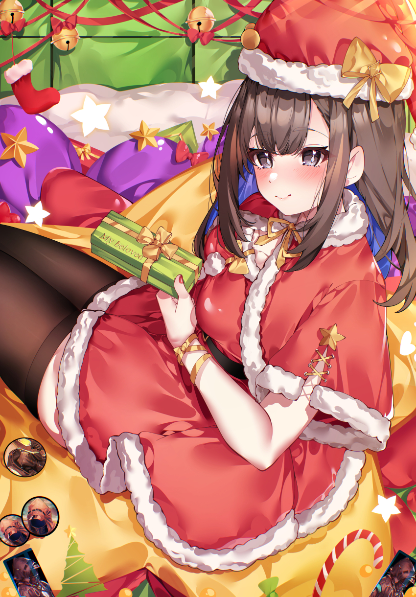 1girl absurdres alternate_costume arknights bell black_thighhighs brown_hair christmas commentary doctor_(arknights) dress gift grey_eyes hat highres holding holding_gift hua-huahua jingle_bell priestess_(arknights) red_nails red_ribbon red_socks ribbon santa_costume santa_dress santa_hat sitting socks solo star_(symbol) symbol-only_commentary thighhighs unworn_socks