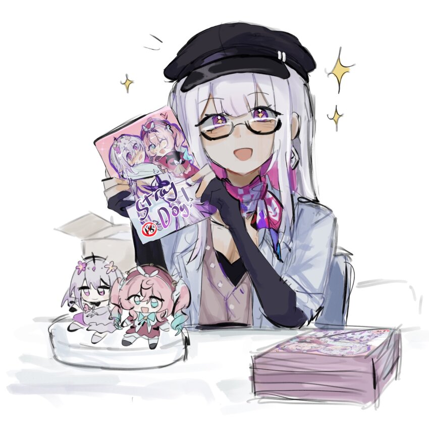 1girl beret book book_stack breasts castorice_(honkai:_star_rail) cleavage colored_inner_hair commentary content_rating elbow_rest english_commentary figure glasses gloves hat highres holding holding_book honkai:_star_rail honkai_(series) hyacine_(honkai:_star_rail) long_hair looking_at_viewer manga_(object) multicolored_hair nihilux_(honkai:_star_rail) nsuntens open_mouth partially_fingerless_gloves pink_hair purple_eyes purple_hair scarf simple_background sitting solo sparkle sparkling_eyes white_background white_hair