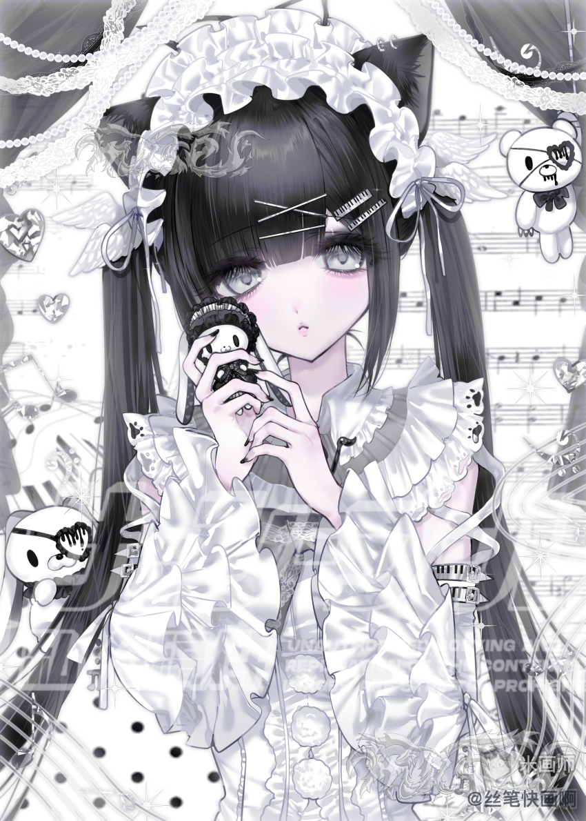 1girl absurdres aegyo_sal all-purpose_bunny animal_ears black_hair cameo cat_ears character_doll commission curtains detached_sleeves doll dress gem gloomy_bear hair_ornament hairband highres holding holding_stuffed_toy itazuraguma_no_gloomy lolita_fashion lolita_hairband long_hair long_sleeves looking_at_viewer mihuashi_commission musical_note musical_staff original piano_hair_ornament sheet_music si_bi_kuai_hua_a sidelocks solo stuffed_animal stuffed_rabbit stuffed_toy teddy_bear too_many_watermarks twintails upper_body very_long_hair watermark white_dress white_eyes white_theme wing_hair_ornament